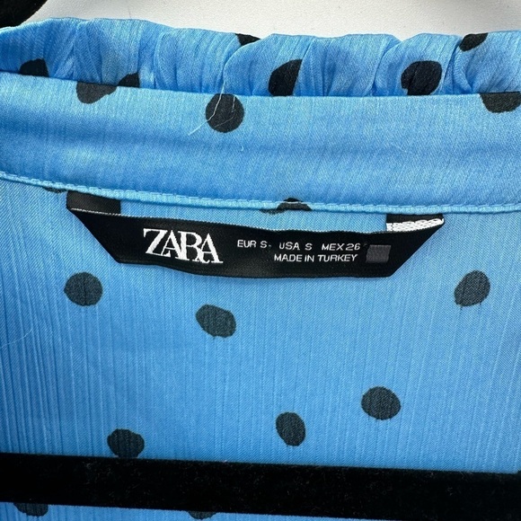 Y2K ZARA Blue-black polka-satin Deep V lace up ruffle coquette satin blouse S - Picture 5 of 10